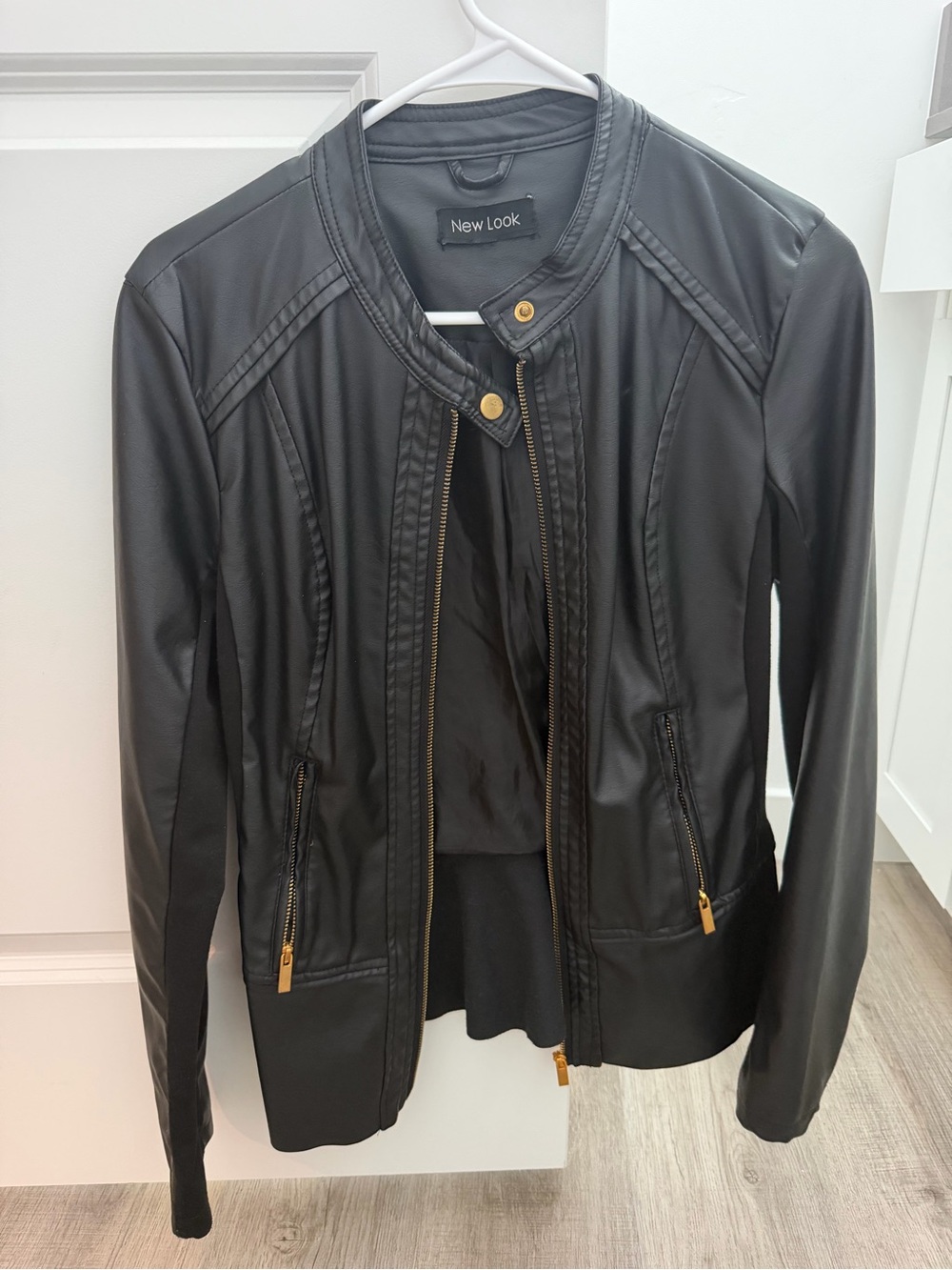 New Look Black Faux Leather Moto Jacket with Gold Hardware